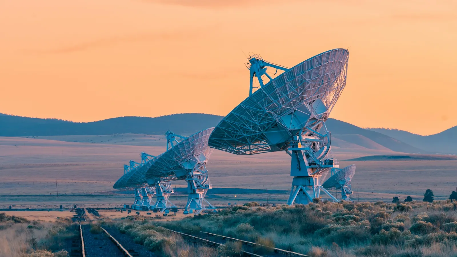 Radio telescope dishes under a pink sky