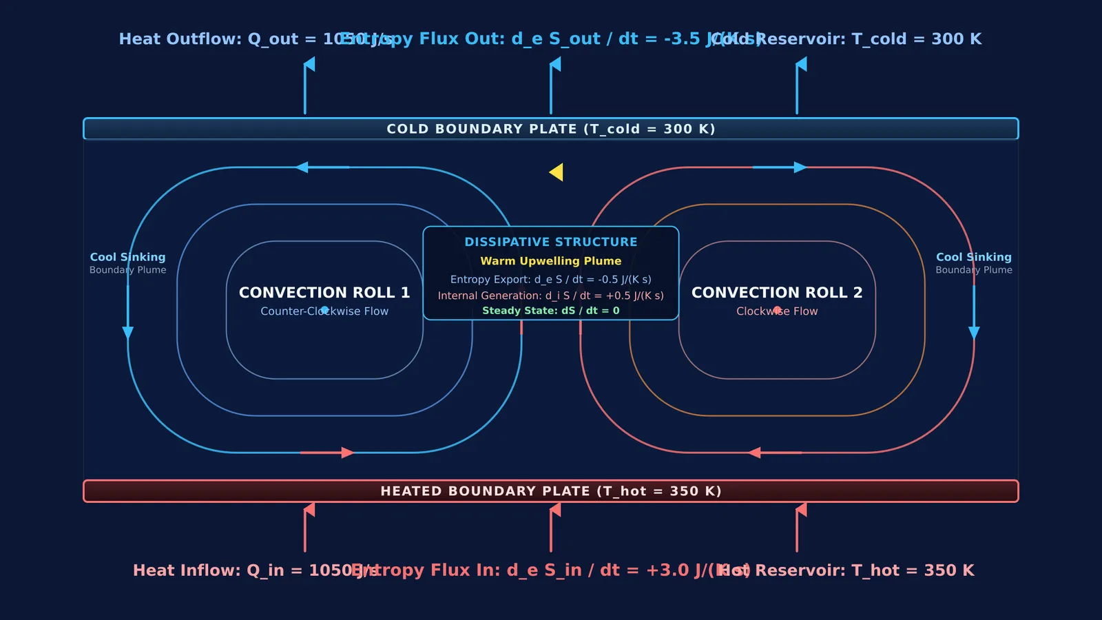 Rayleigh-Bénard convection rolls showing entropy export and spontaneous macroscopic order in an open system