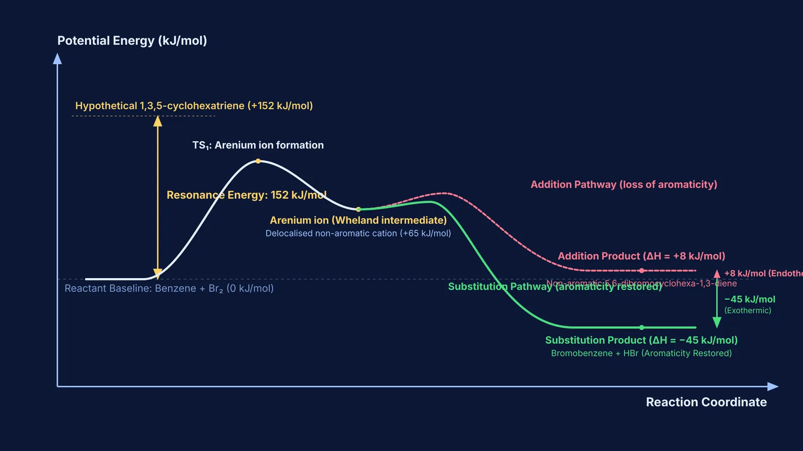 Reaction coordinate energy diagram comparing benzene electrophilic substitution and addition pathways