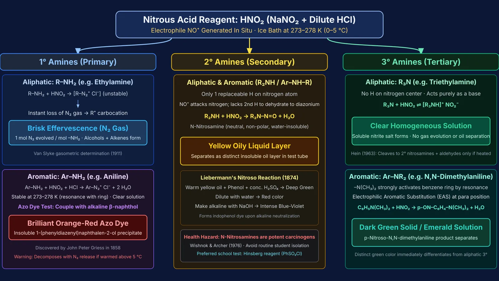 Reaction flowchart and visual tests of primary, secondary, and tertiary amines with nitrous acid