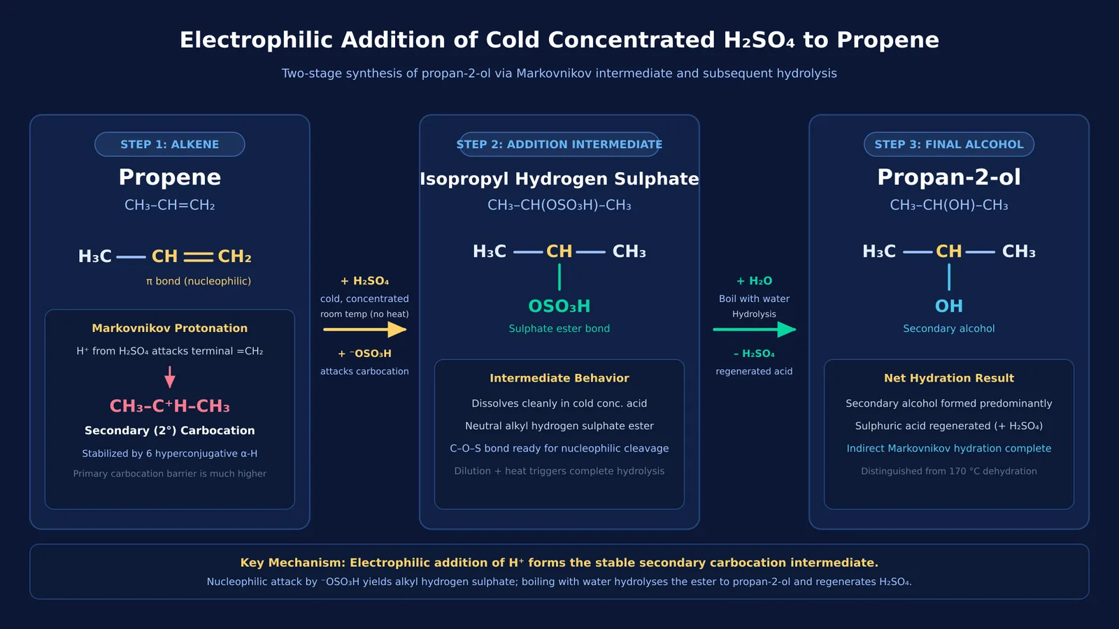 Reaction pathway showing propene converted via isopropyl hydrogen sulphate to propan-2-ol