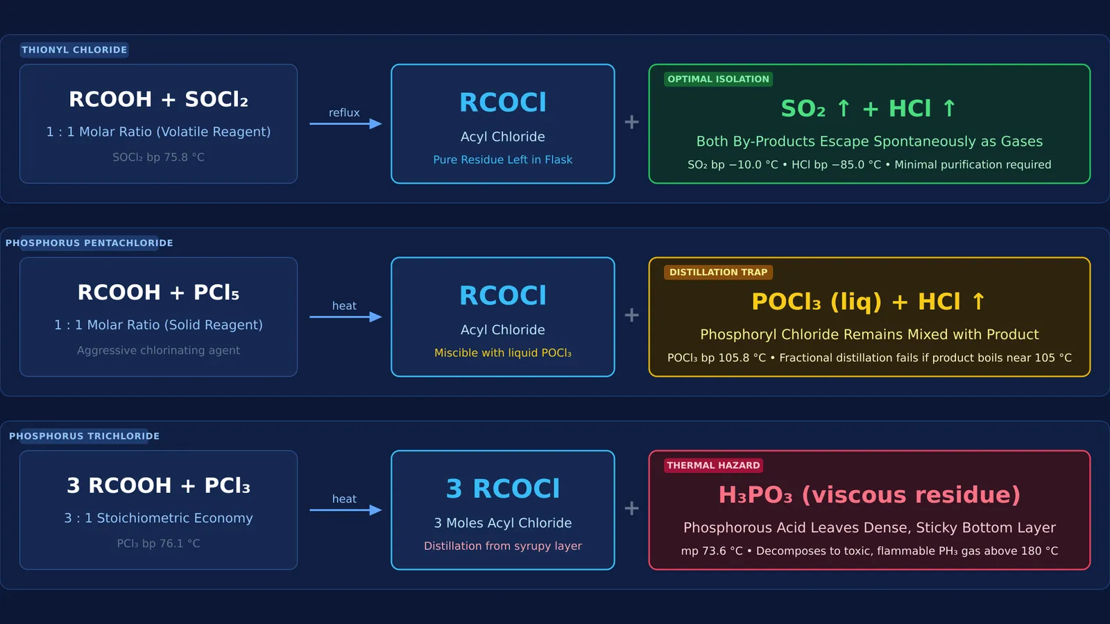 Reaction routes comparing by-products and purification for SOCl2, PCl5, and PCl3