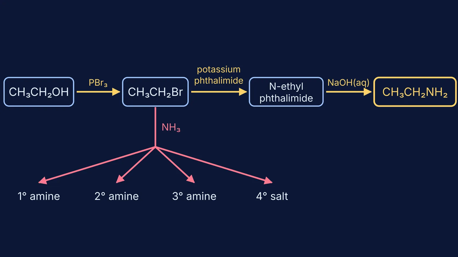 Reaction scheme: ethanol to ethanamine via Gabriel route, ammonolysis branching into four products