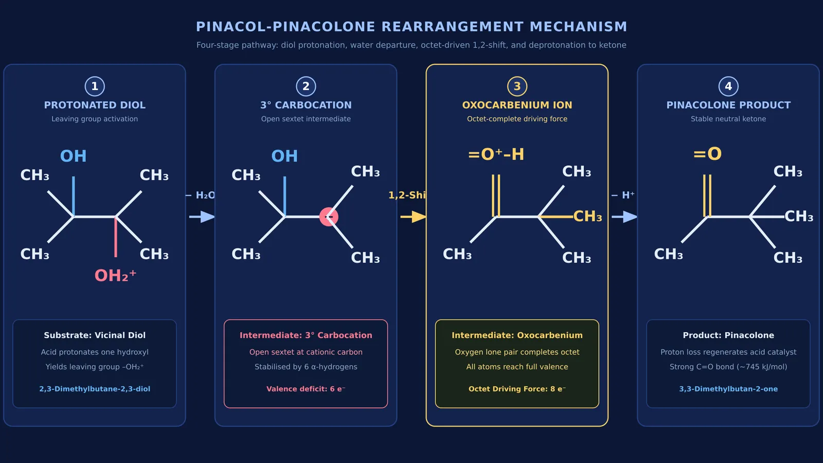 Reaction stages of the pinacol-pinacolone rearrangement from diol to ketone