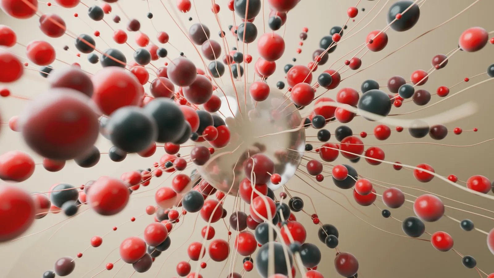 Red and black spheres flying outward like atoms in a model