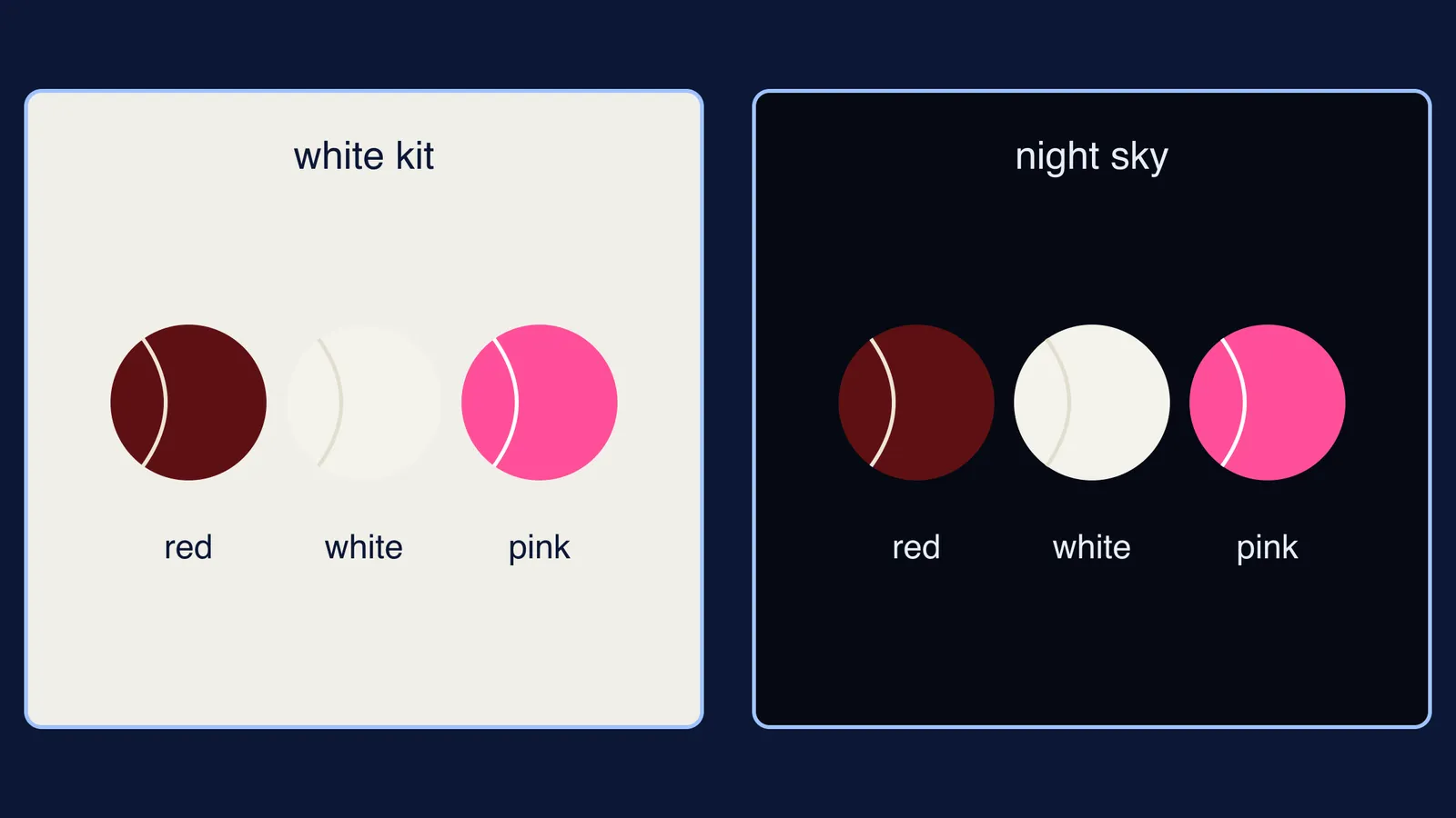 Red, white and pink balls shown against a white panel and a dark panel