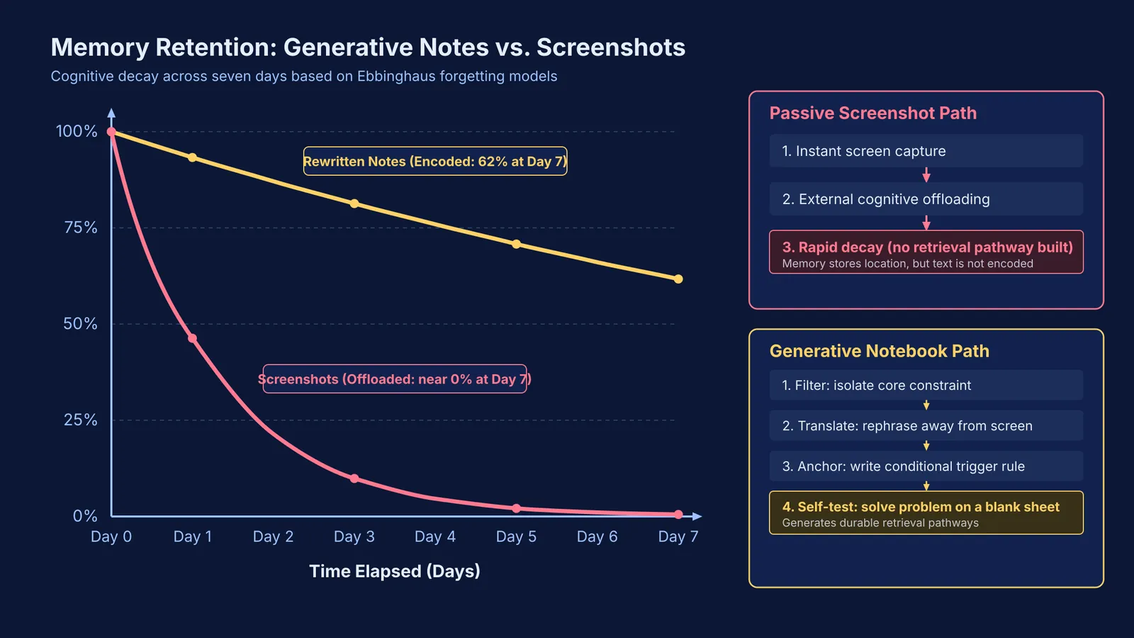 Retention decay curve comparing passive screenshots against generative handwritten notes over seven days