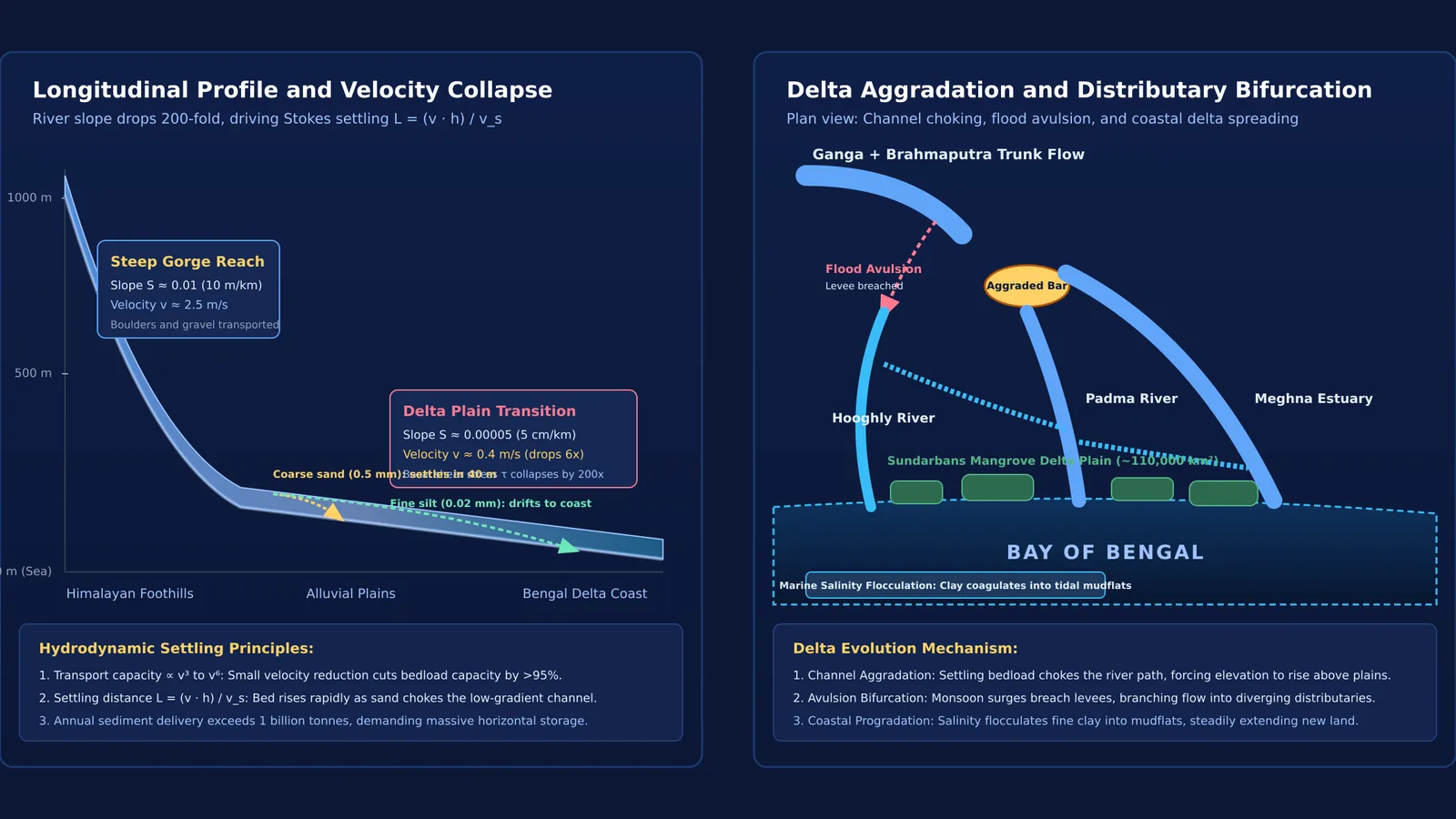 River sediment deposition, velocity collapse, and distributary channel bifurcation at the Bengal delta