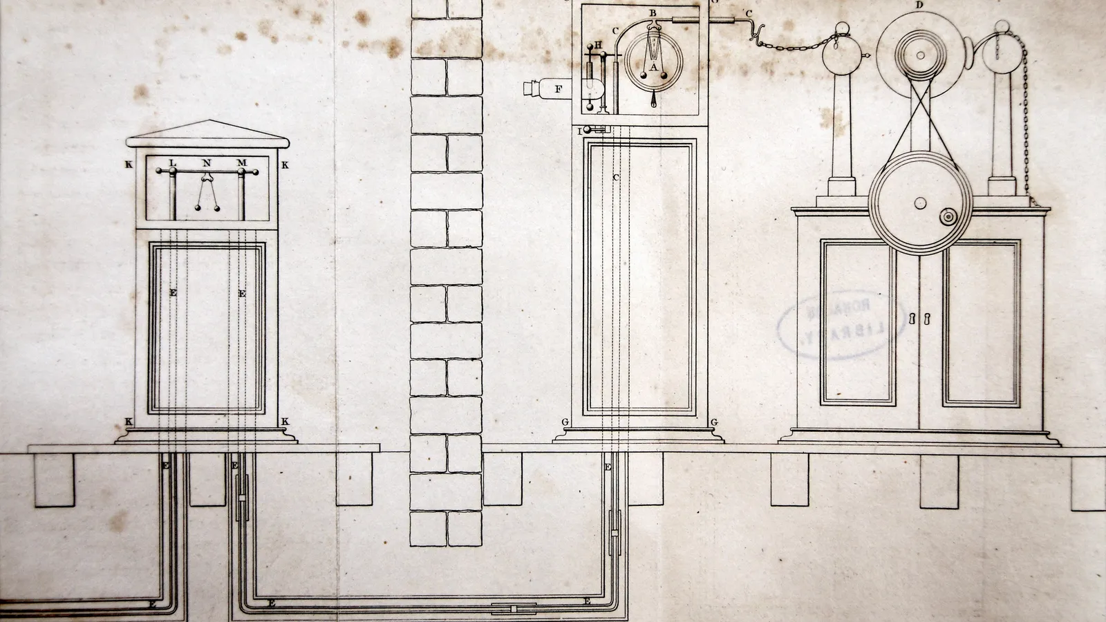 Ronalds' 1823 plate of telegraph clock cases, electrical machine and buried wires