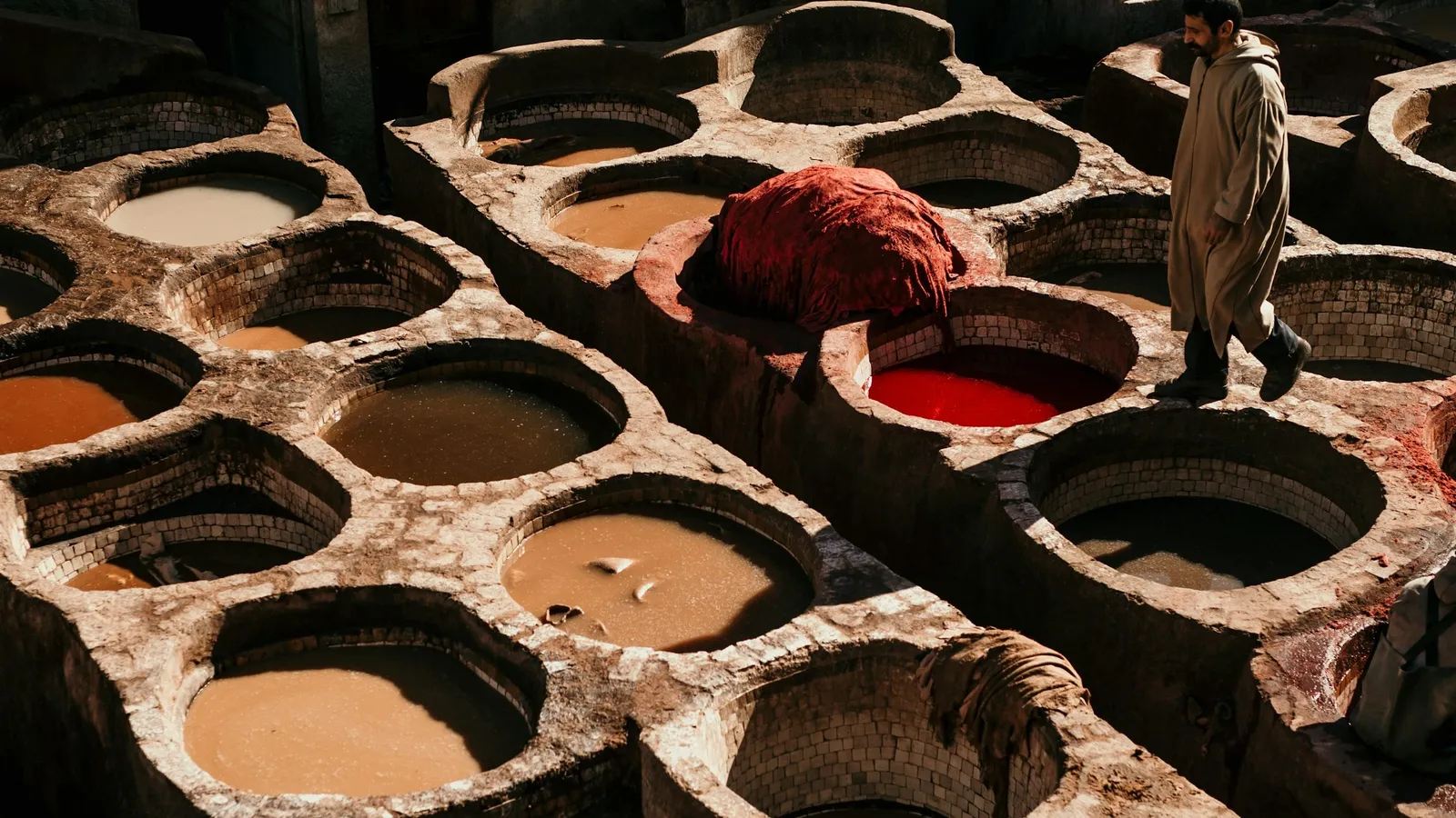 Round dyeing pits at a traditional tannery