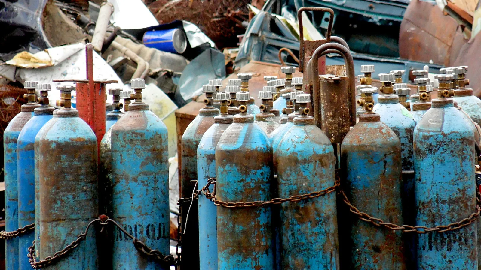 Rows of blue gas cylinders
