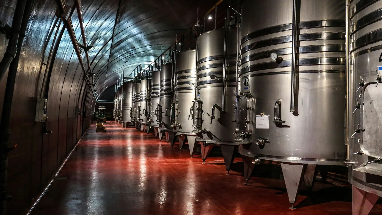 Rows of stainless steel tanks in a brewery cellar