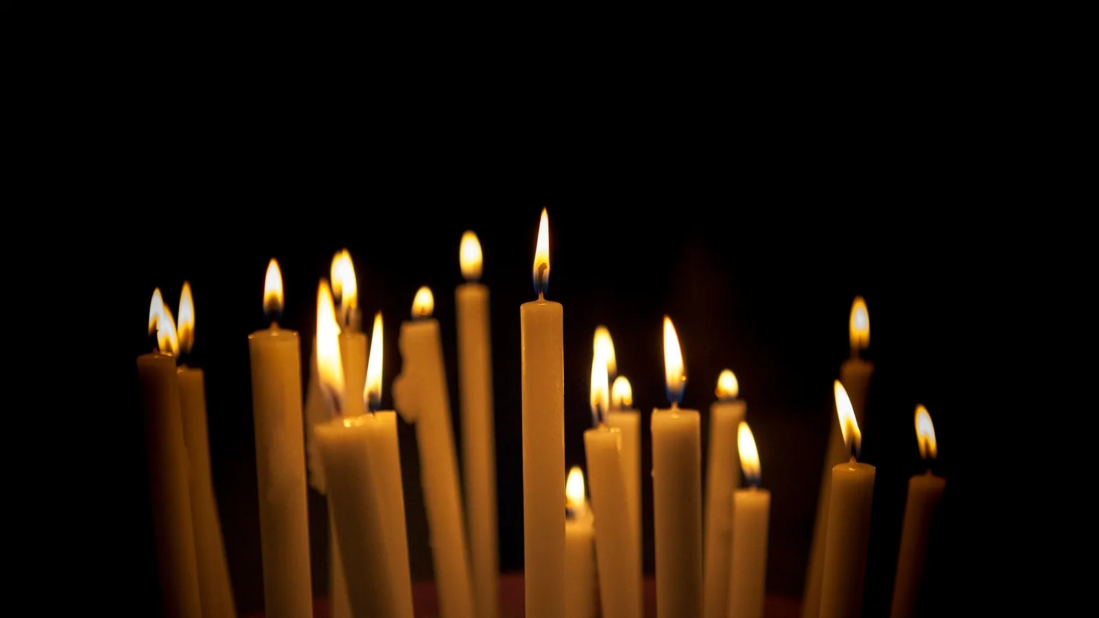 Rows of tall lit candles in the dark