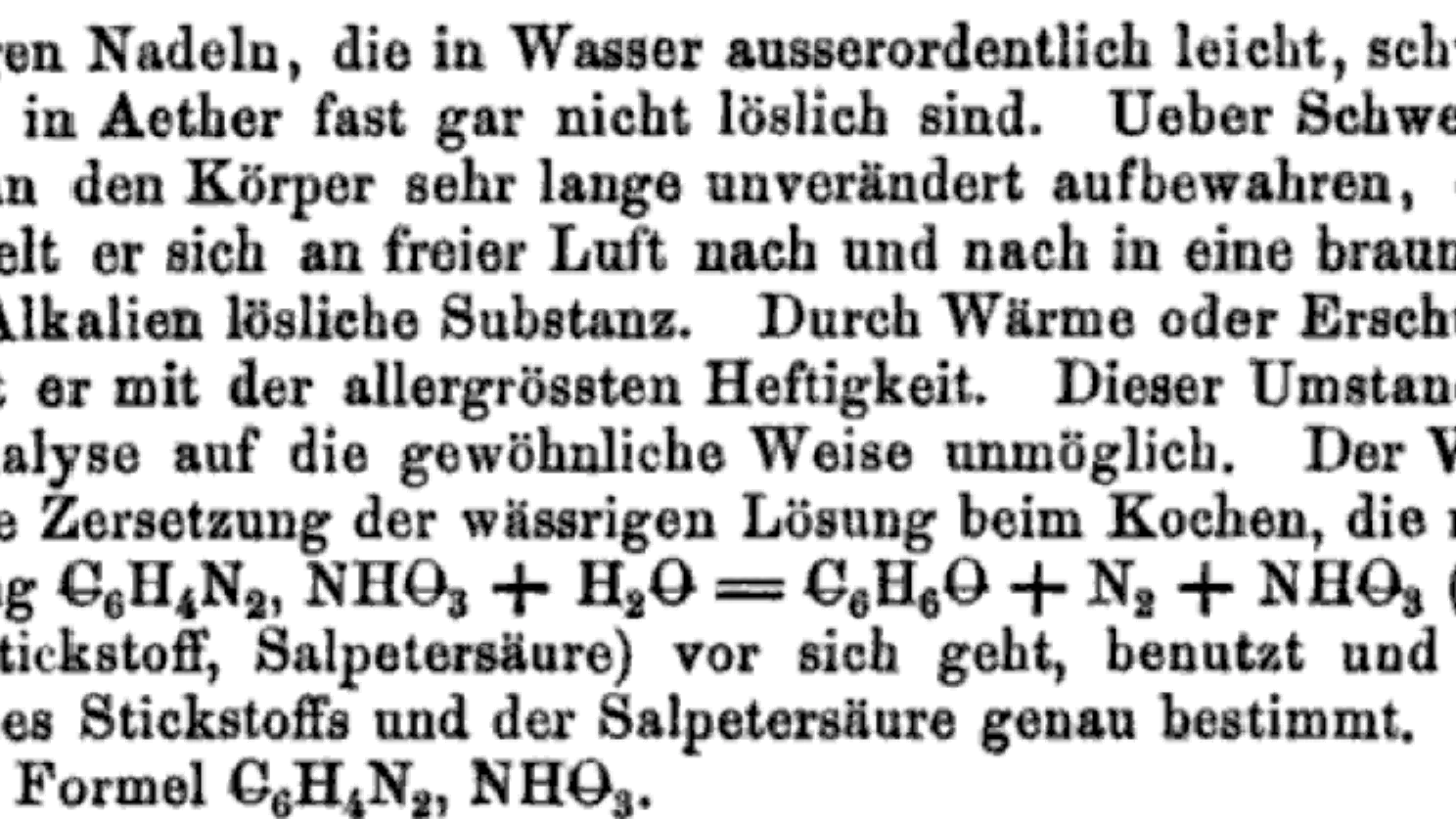 Scan of an 1866 German journal report on Griess's explosive diazobenzene salt and its formula