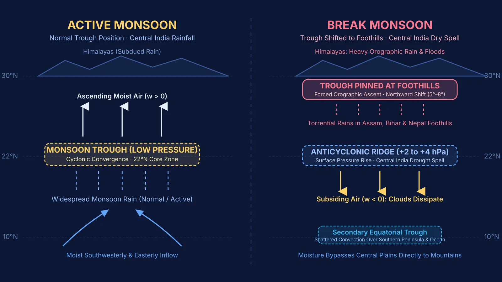 Schematic of active versus break monsoon pressure troughs and vertical air motion.