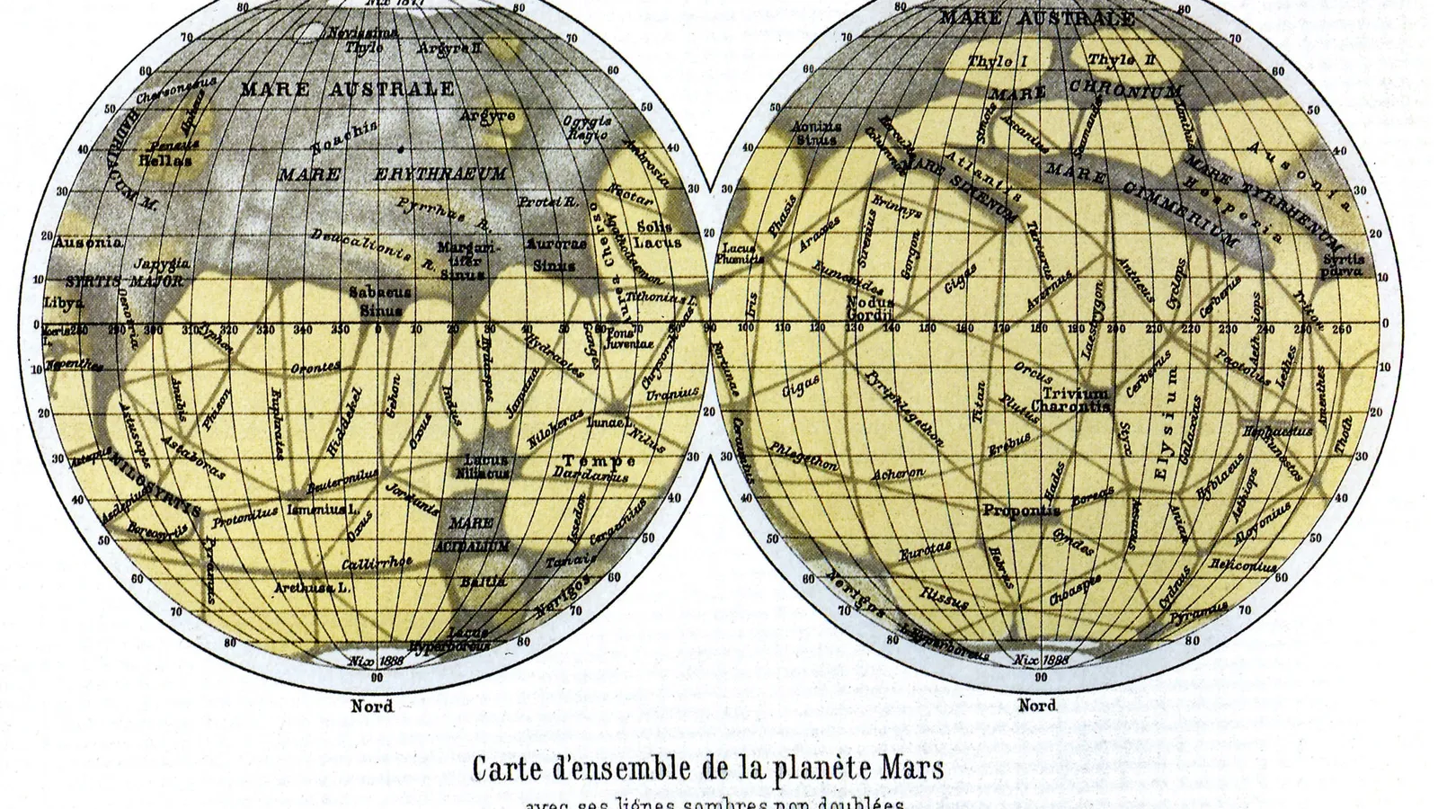 Schiaparelli's two-hemisphere map of Mars crossed by straight dark canali