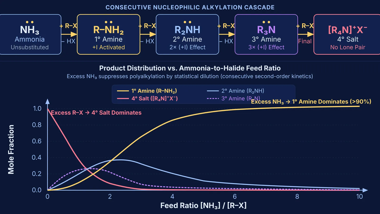Sequential alkylation reaction cascade and amine product distribution against ammonia-to-halide feed ratio