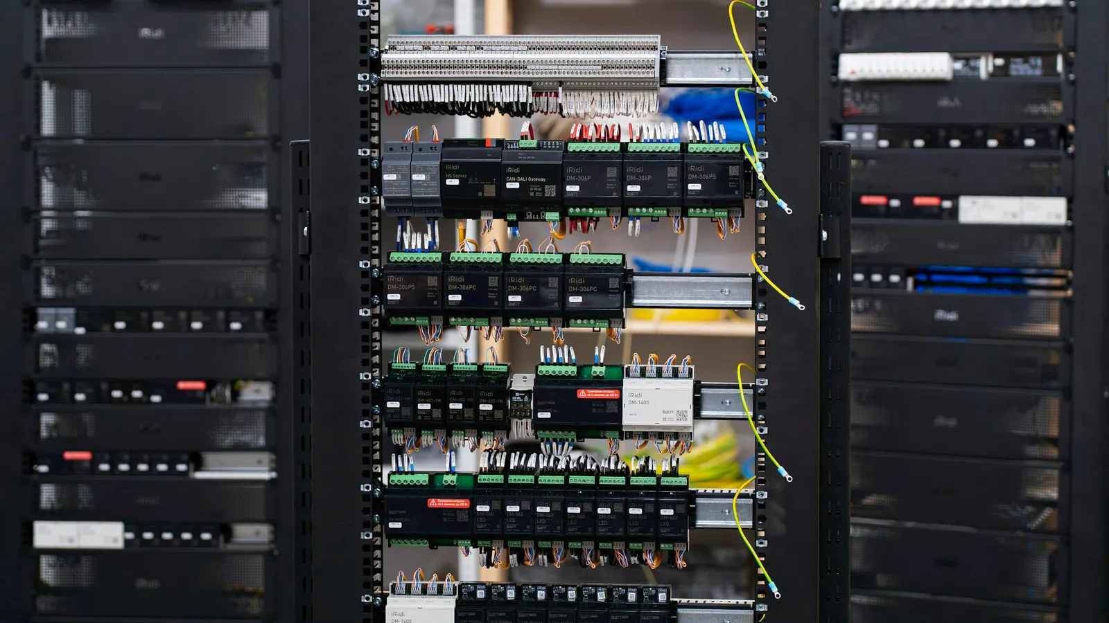 Server racks wired with network cables