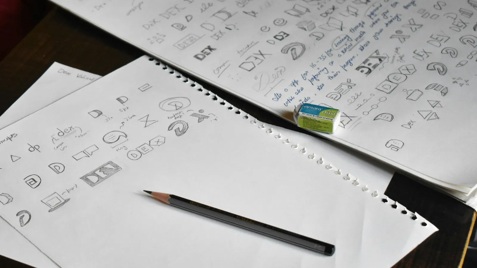 Sheets of handwritten working beside a pencil