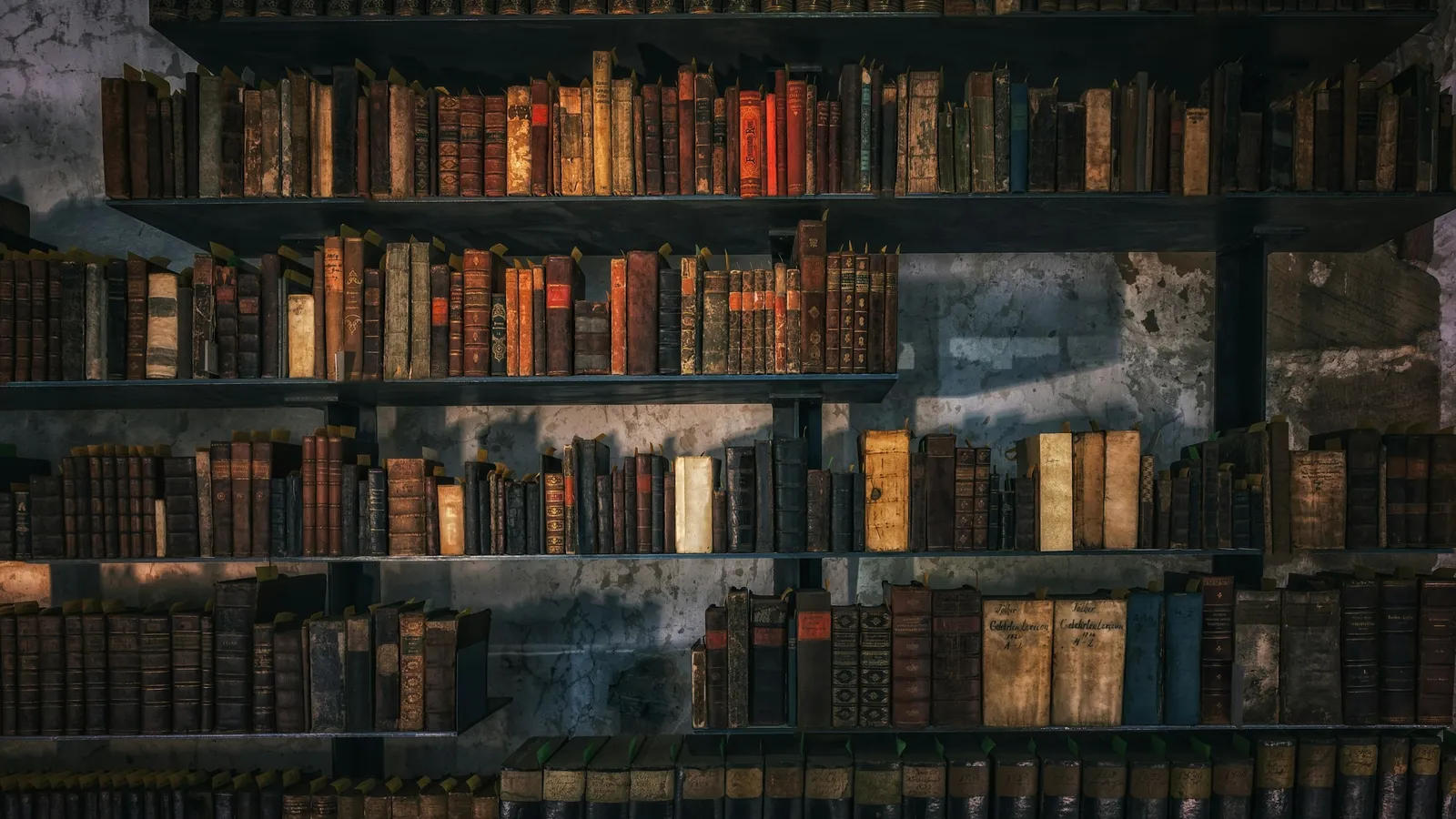 Shelves of old books in a dim library