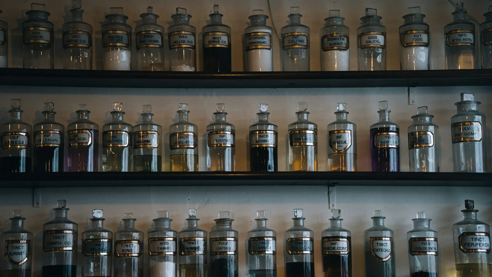 Shelves of old labelled apothecary bottles