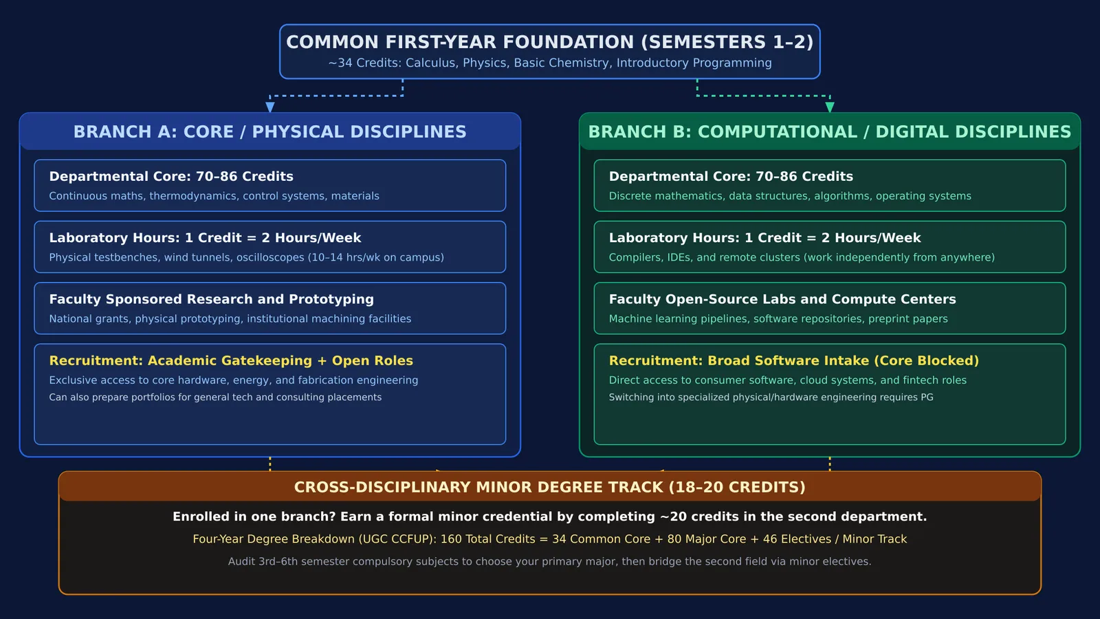 Side-by-side comparison of engineering branch credit requirements, lab structures, and minor bridges