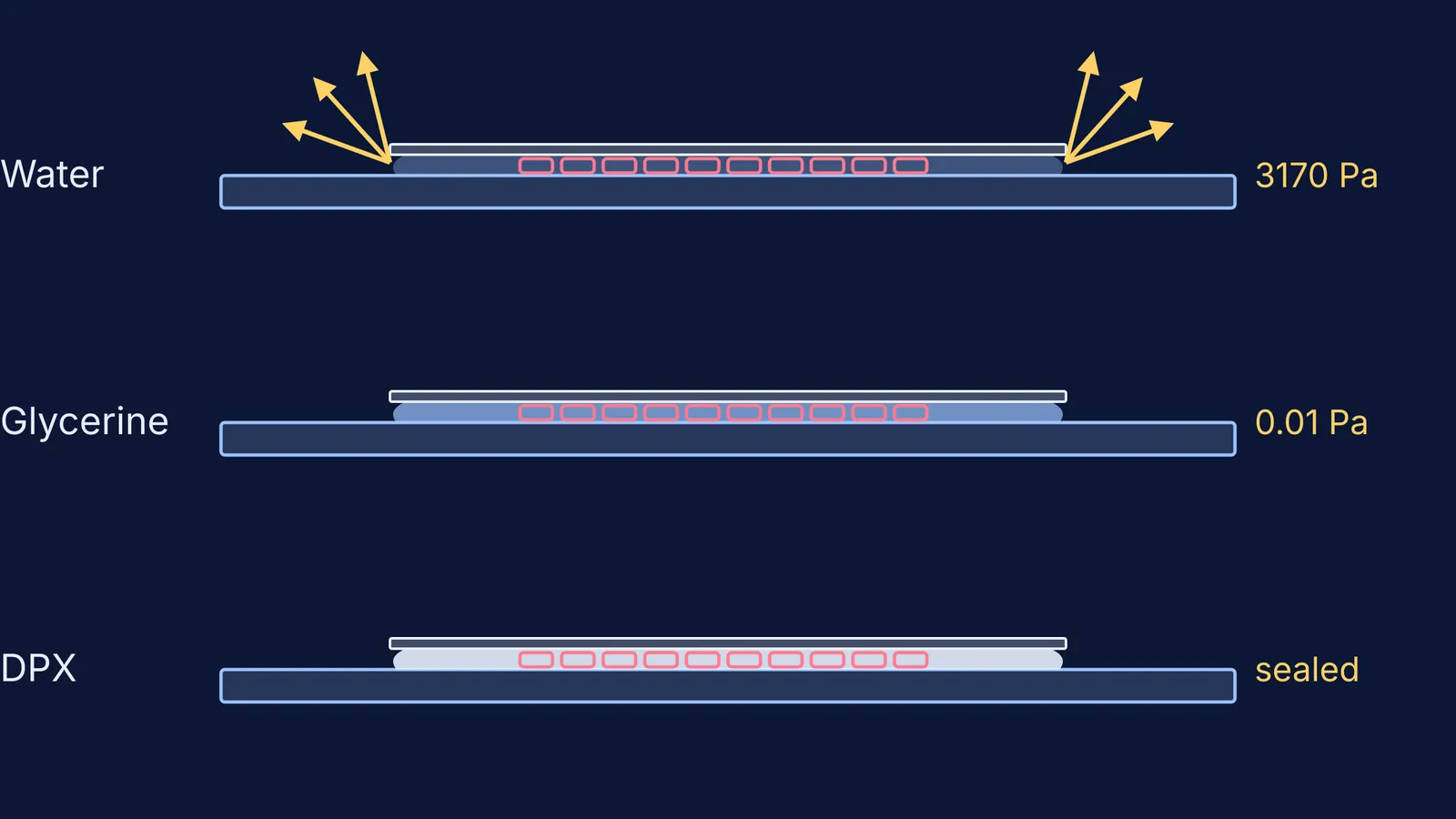 Side views of slides mounted in water, glycerine and DPX, with evaporation from water