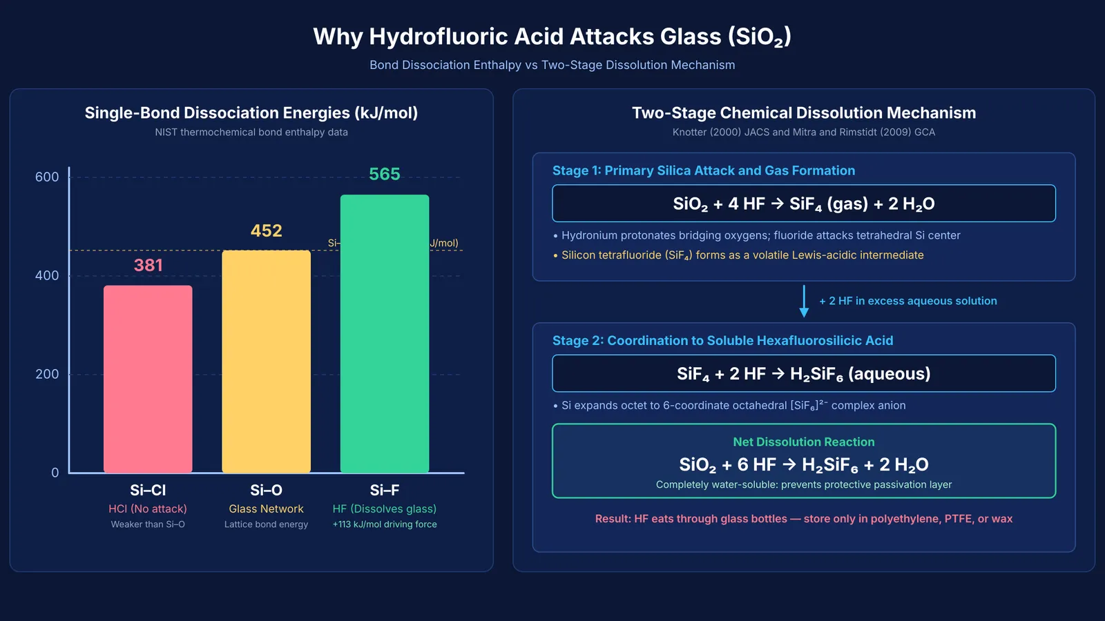 Silicon bond energies and two-stage reaction dissolving silica in hydrofluoric acid