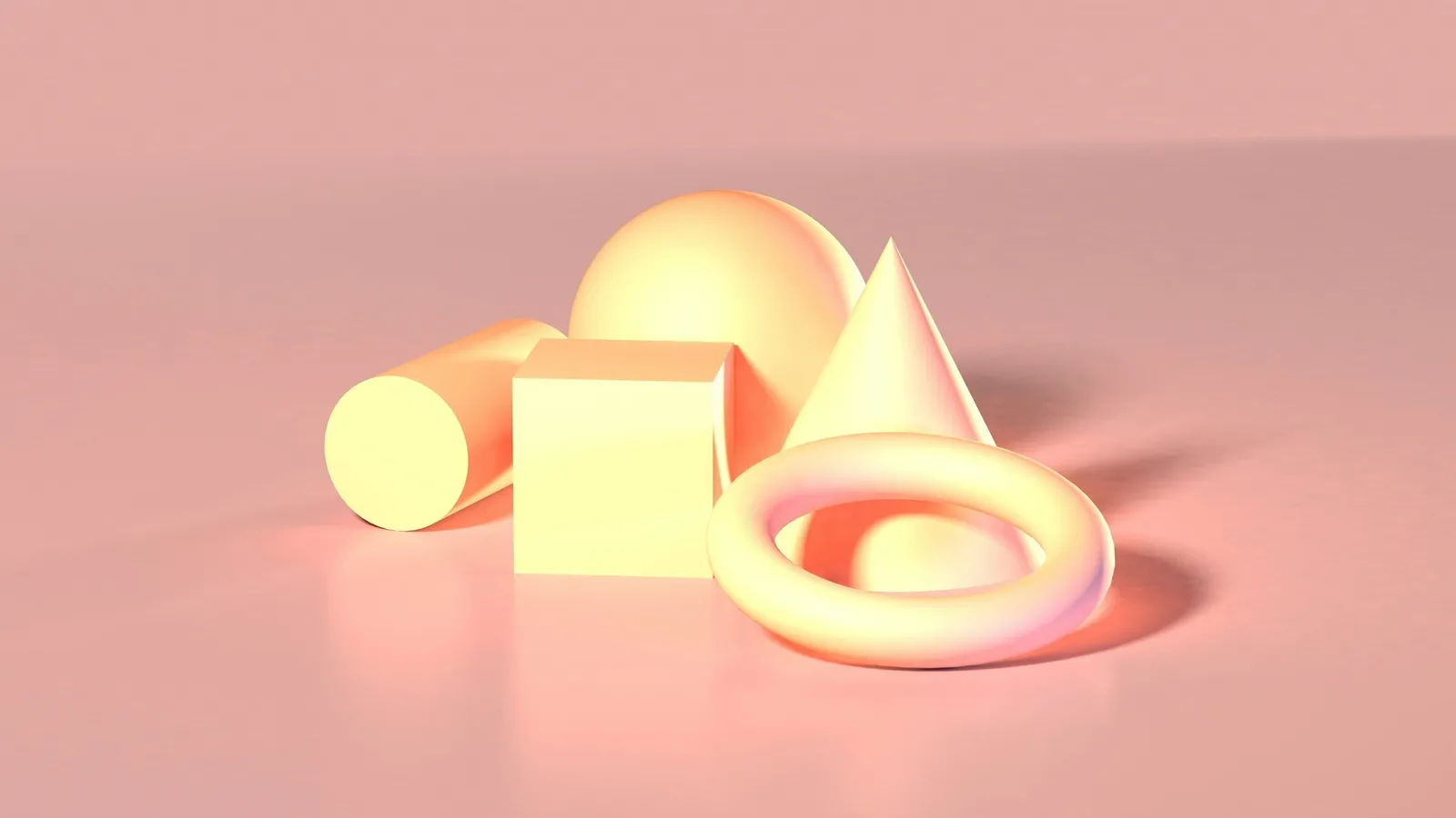 Simple pale solids including a cone on a pink background