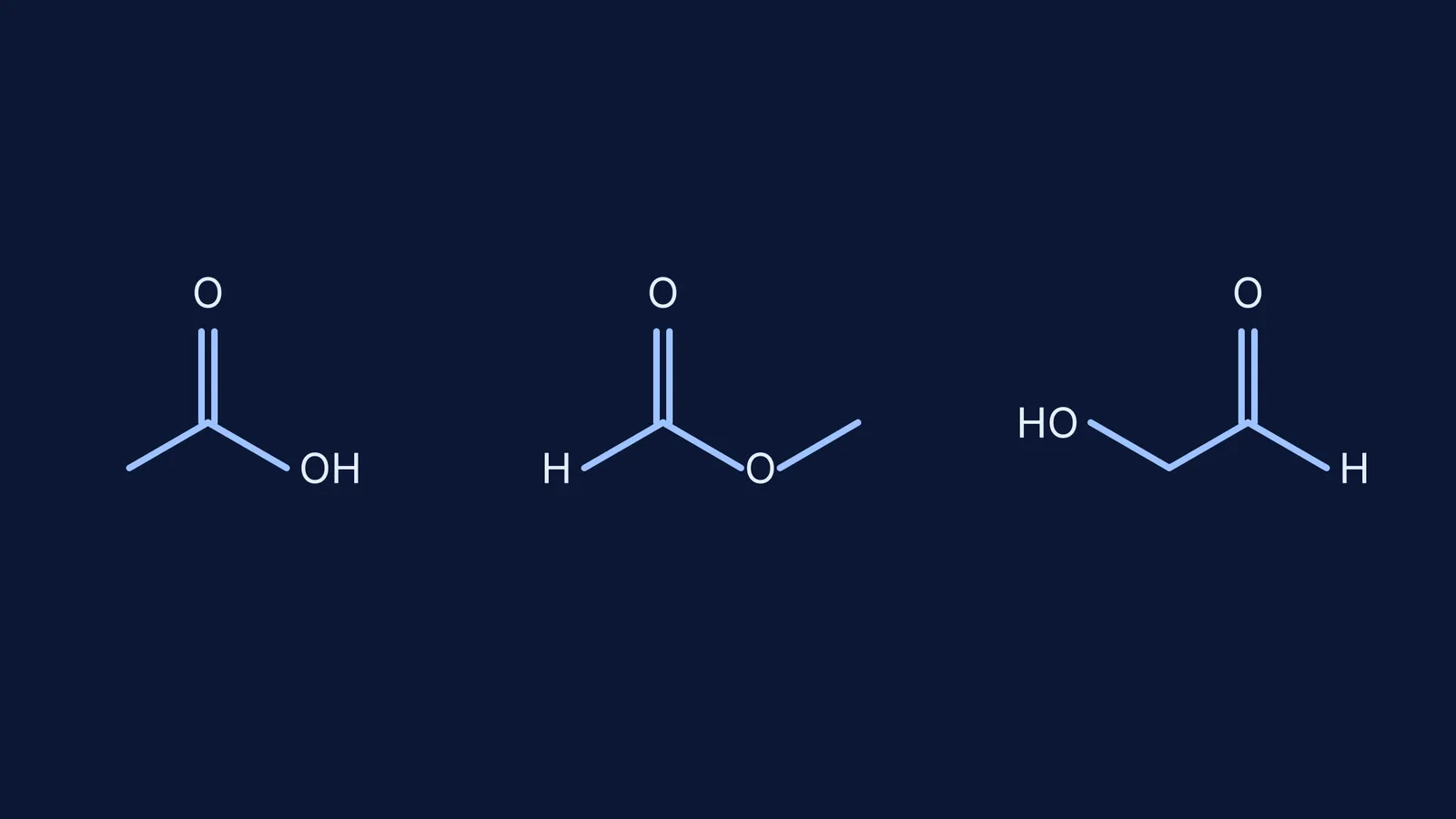 Skeletal chemical structures of ethanoic acid, methyl methanoate, and hydroxyethanal.
