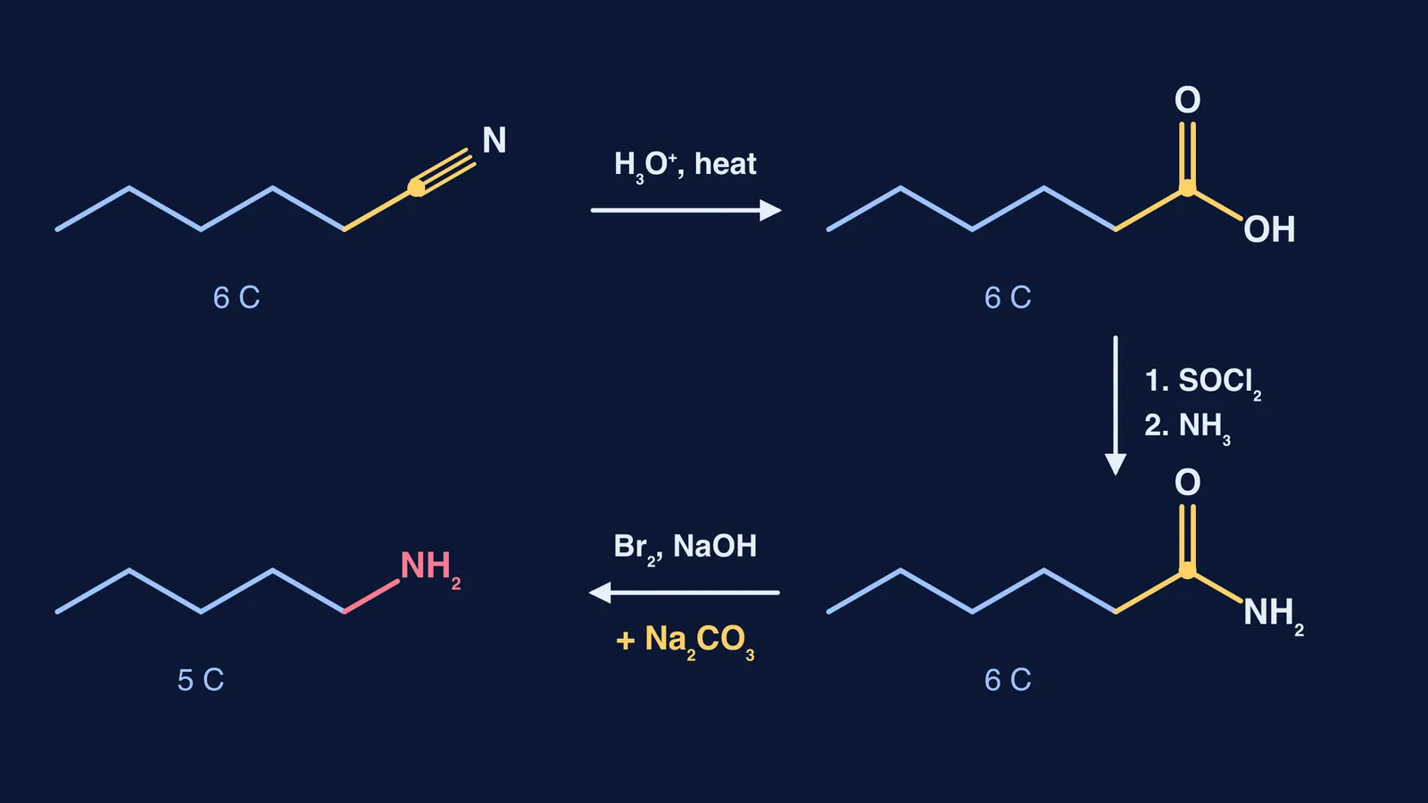 Skeletal reaction scheme from hexanenitrile through hexanoic acid and hexanamide to pentan-1-amine