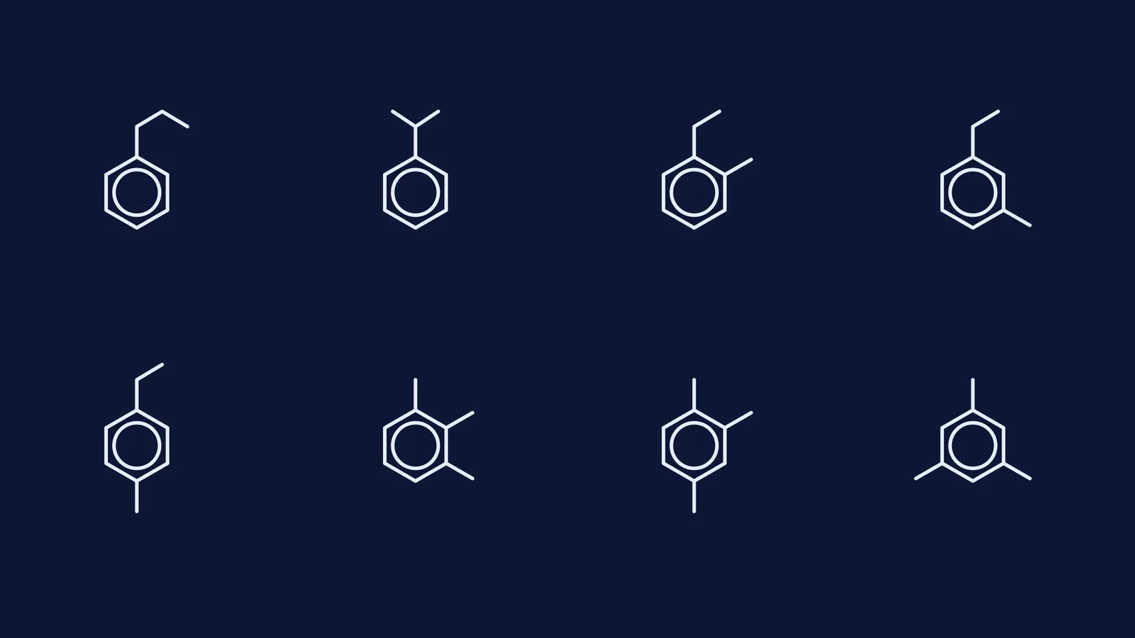 Skeletal structures of the eight aromatic isomers of C9H12
