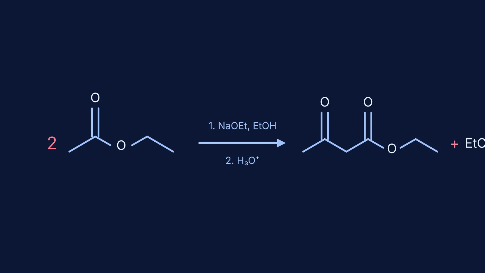Skeletal structures showing two molecules of ethyl acetate forming ethyl acetoacetate and ethanol.