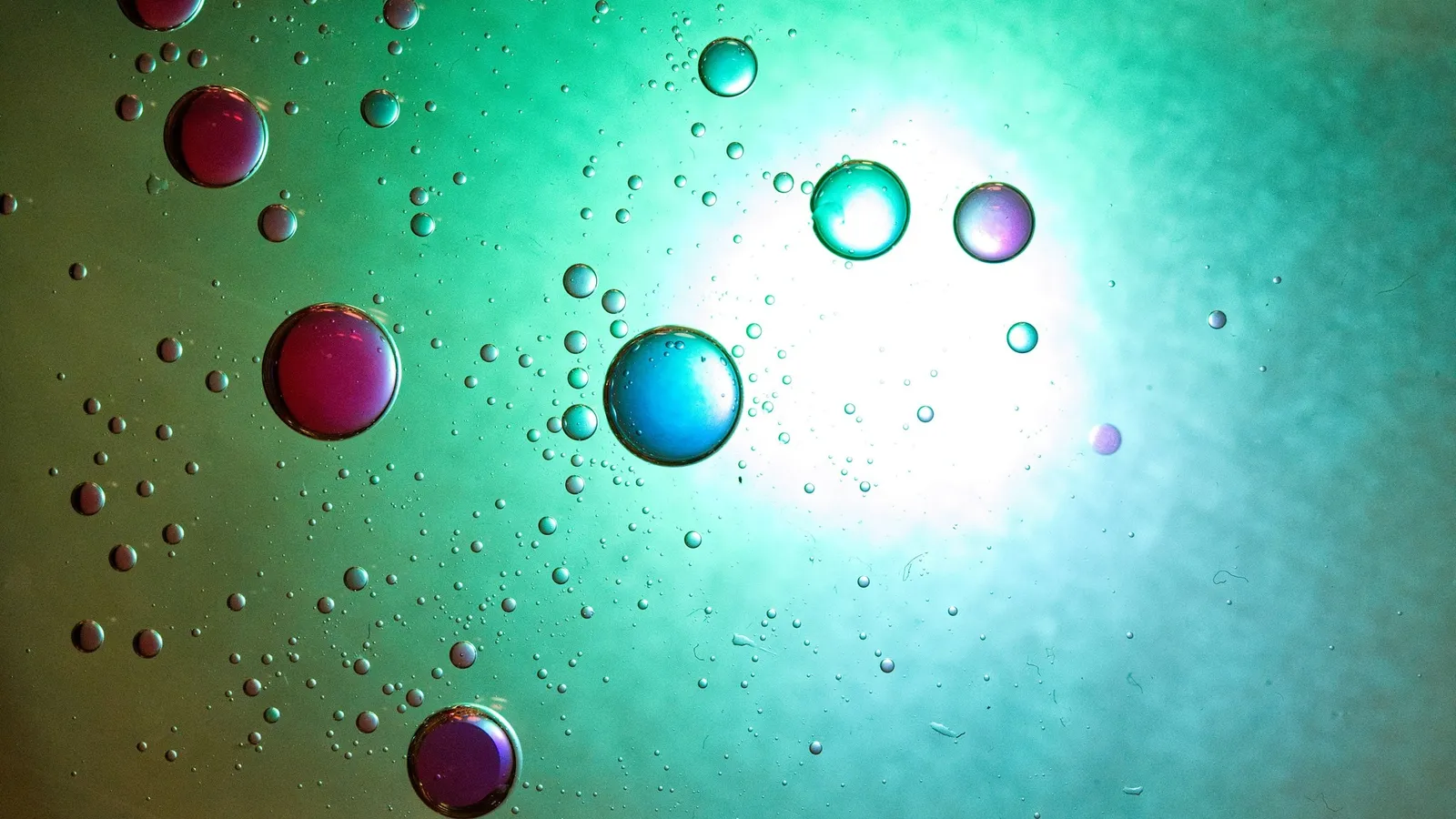 Small oil droplets floating in water under coloured light