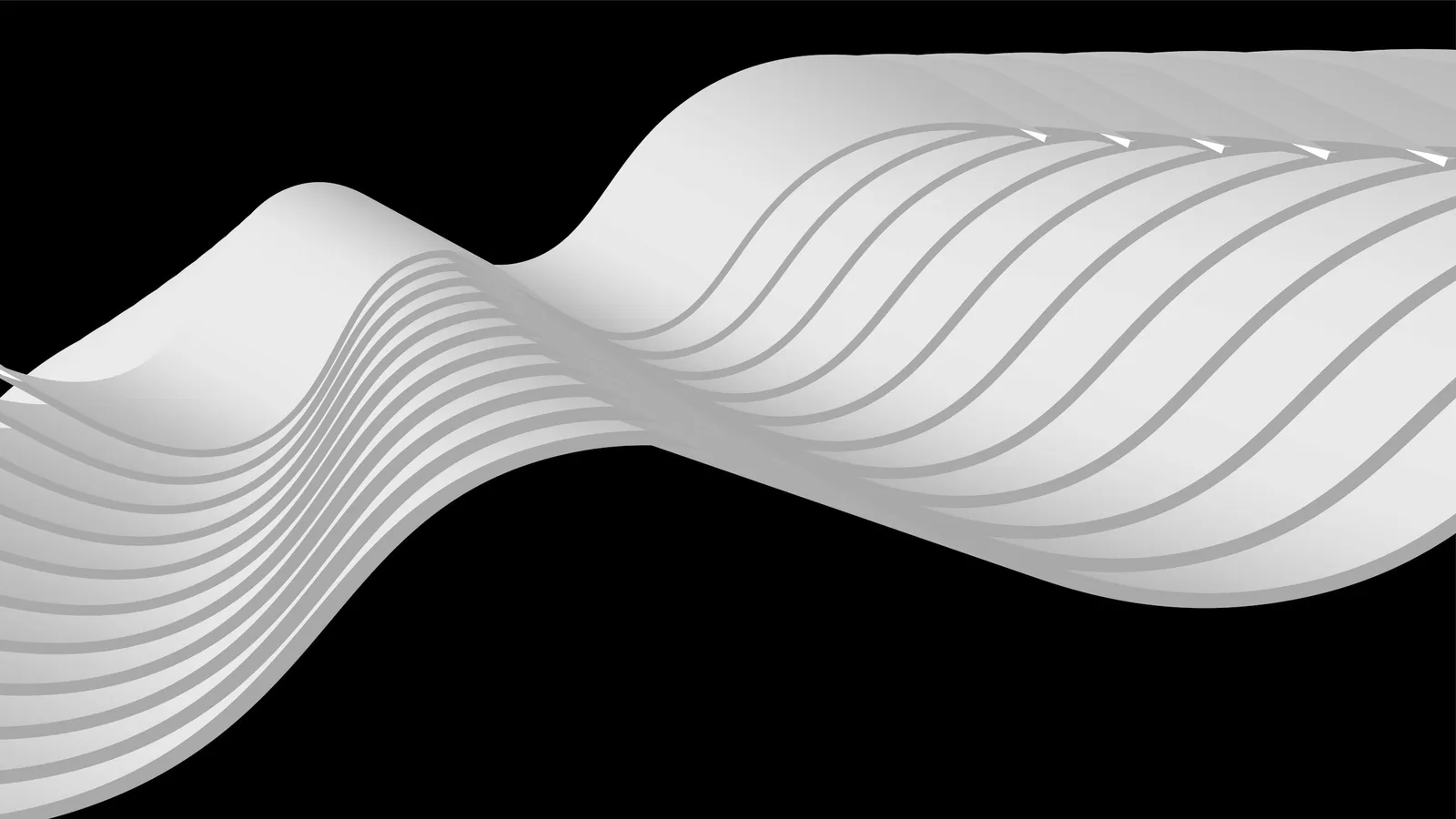 Smooth white curved ribbons flowing across black