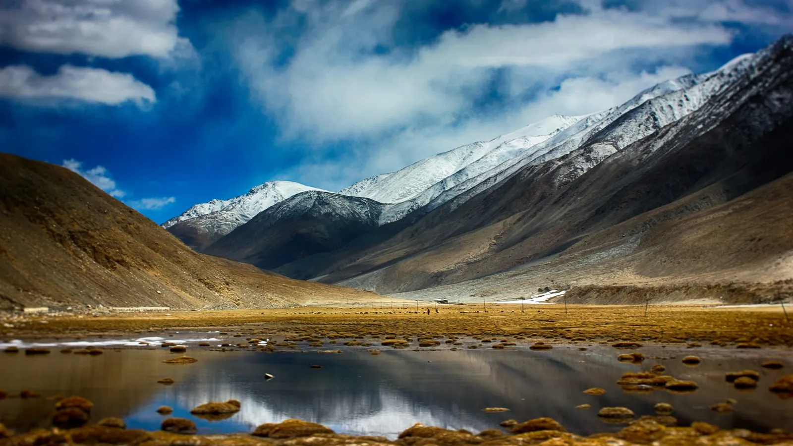 Snowy mountains above a still lake in a dry high valley