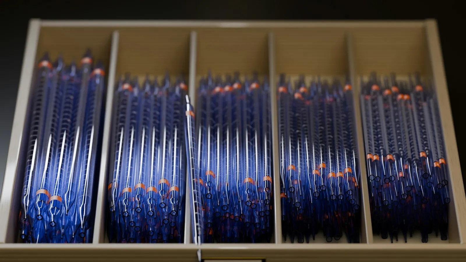 Sorted trays of labelled glass tubes
