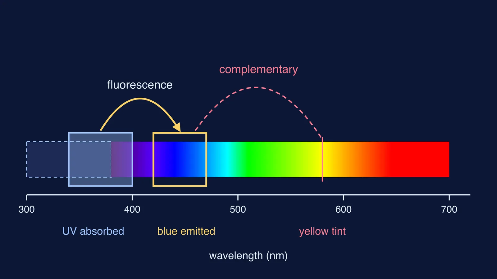Spectrum showing UV absorbed and blue light emitted, opposite yellow