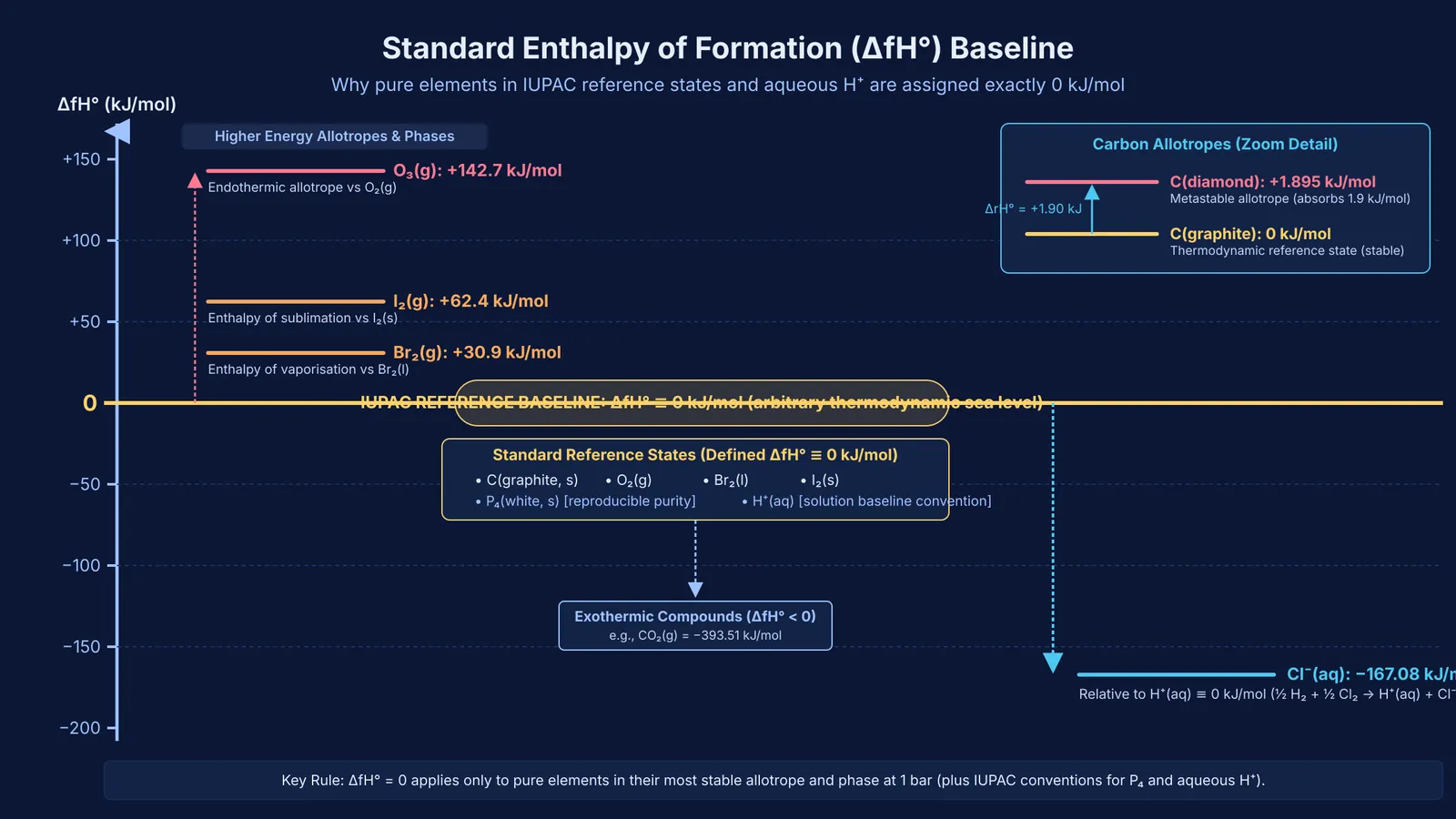 Standard enthalpy of formation energy level diagram showing reference states at zero