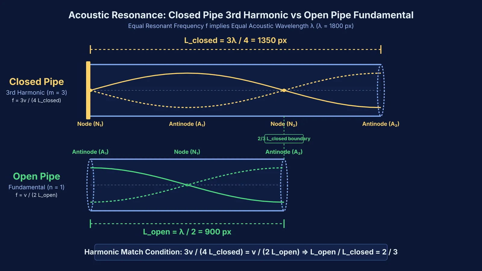 Standing wave comparison showing closed pipe third harmonic and open pipe fundamental