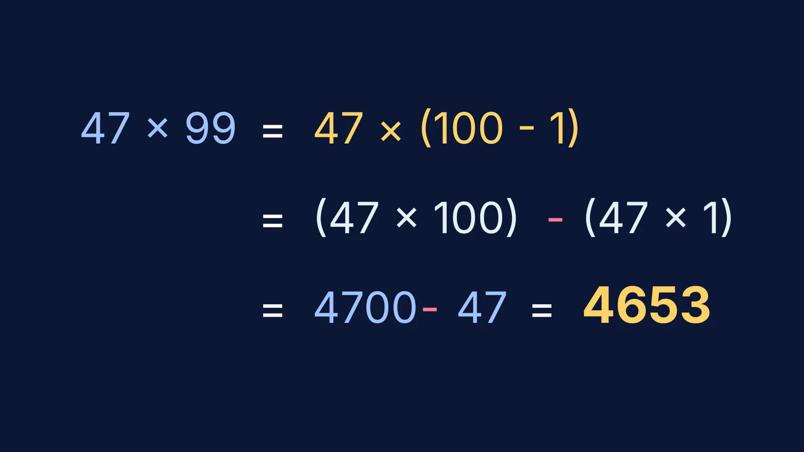 Step-by-step mathematical calculation of 47 times 99 using the distributive property