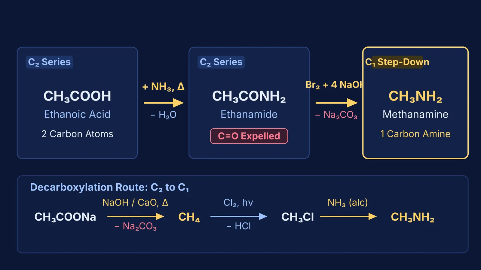 Step down reaction scheme converting acetic acid to methylamine via Hofmann bromamide degradation