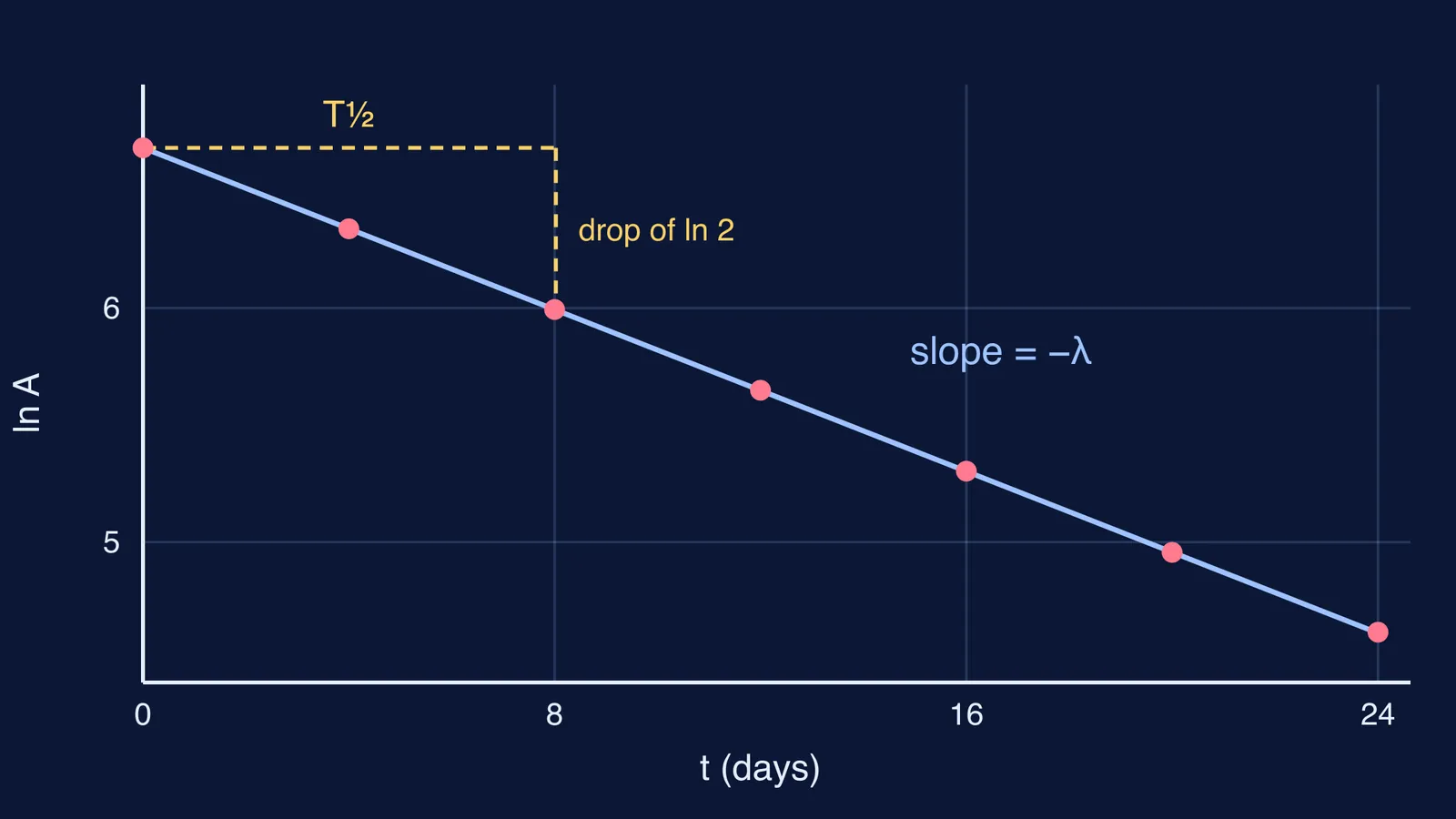 Straight-line graph of ln A against time, slope minus lambda, half-life marked