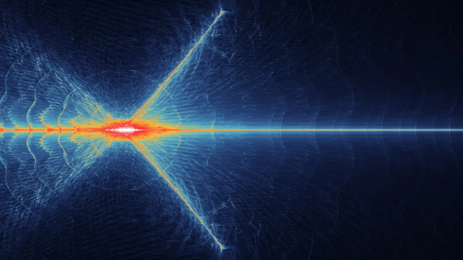 Streaks of coloured light crossing on a dark blue background