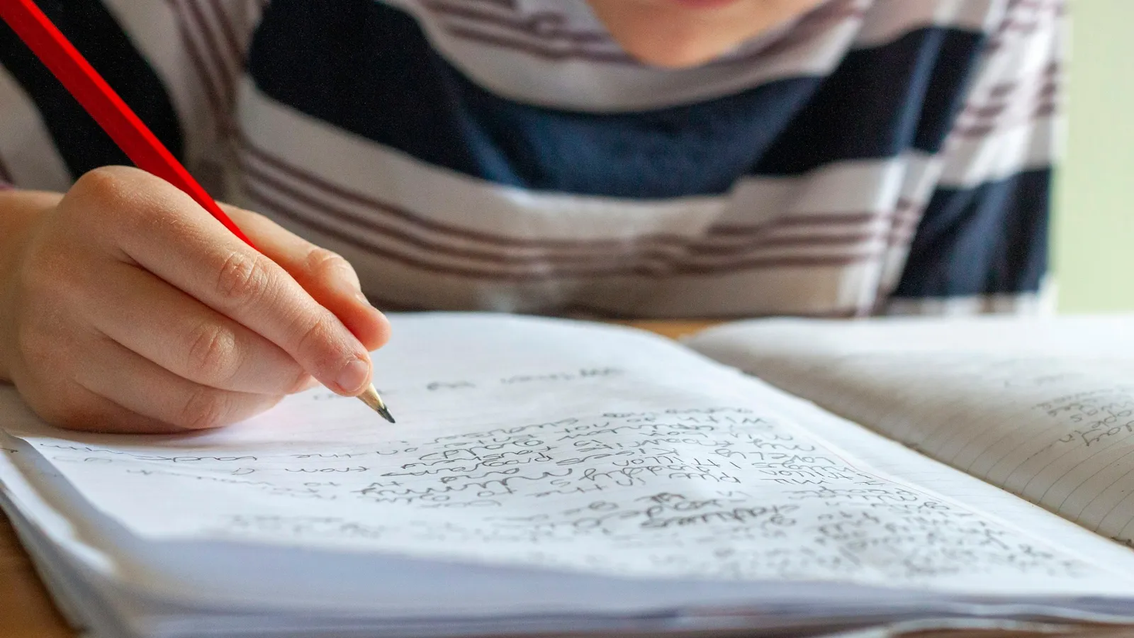 Student marking a worksheet with a red pen
