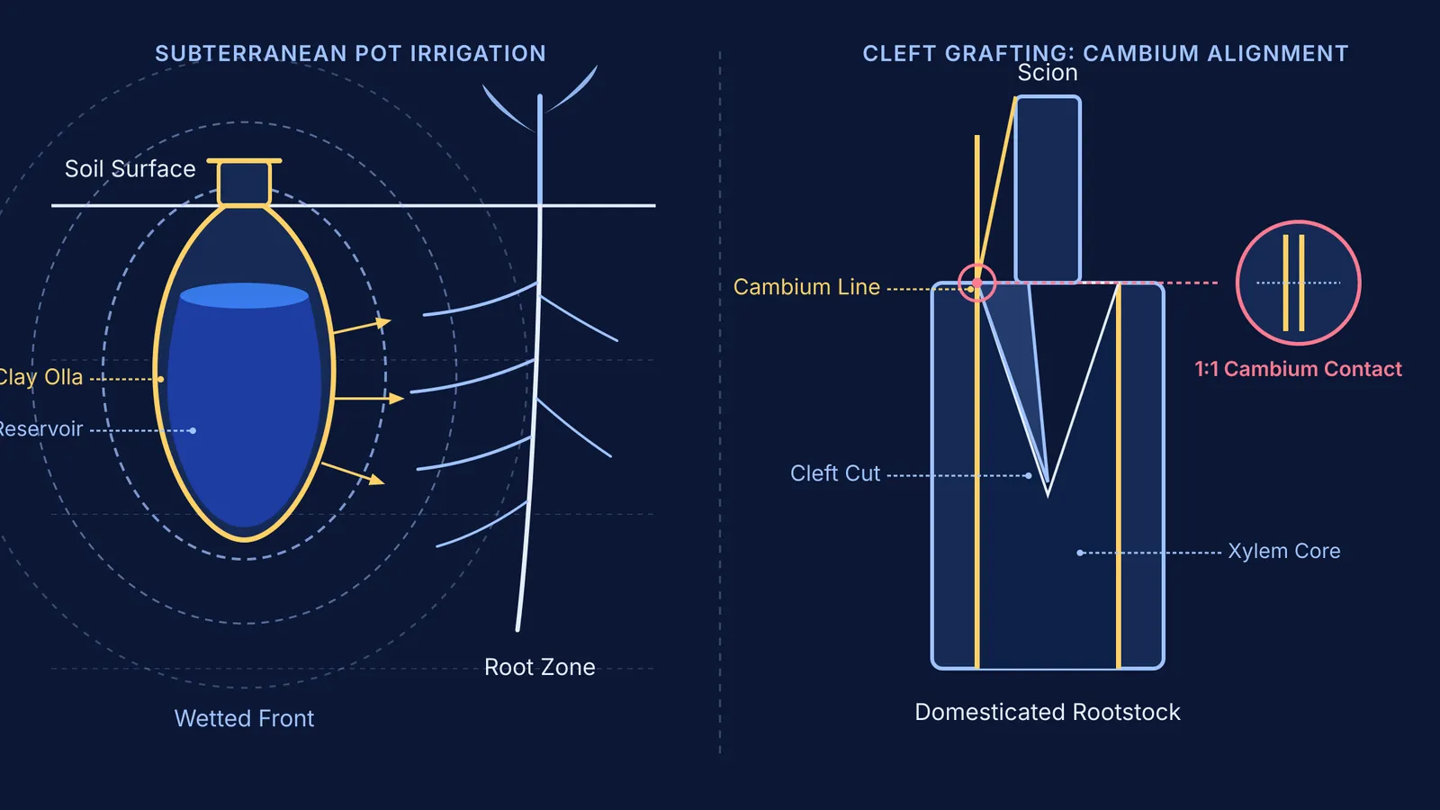 Subterranean porous pot irrigation and cleft grafting cambium alignment