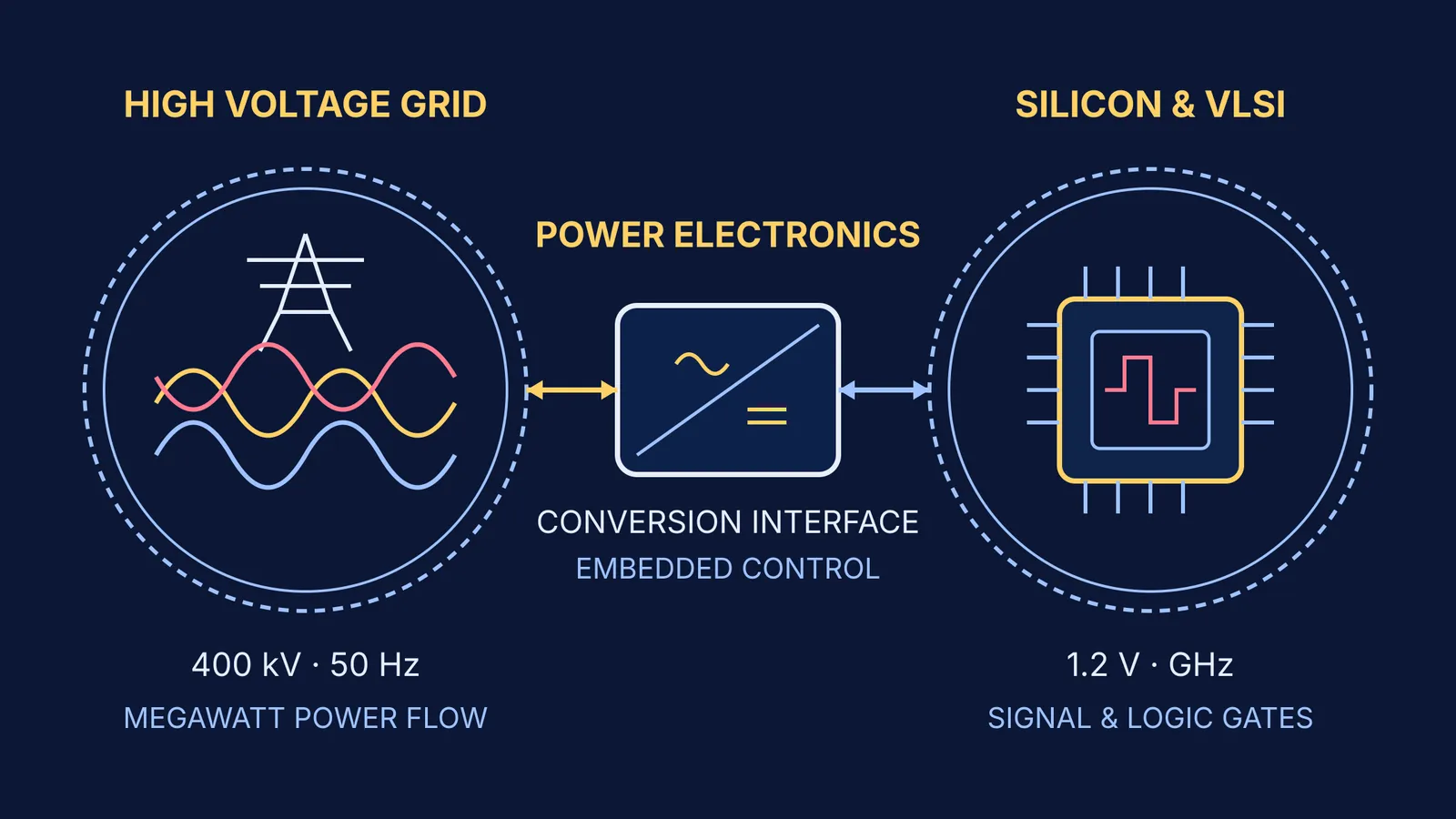 Technical schematic comparing high voltage power grid domains with microelectronic silicon systems