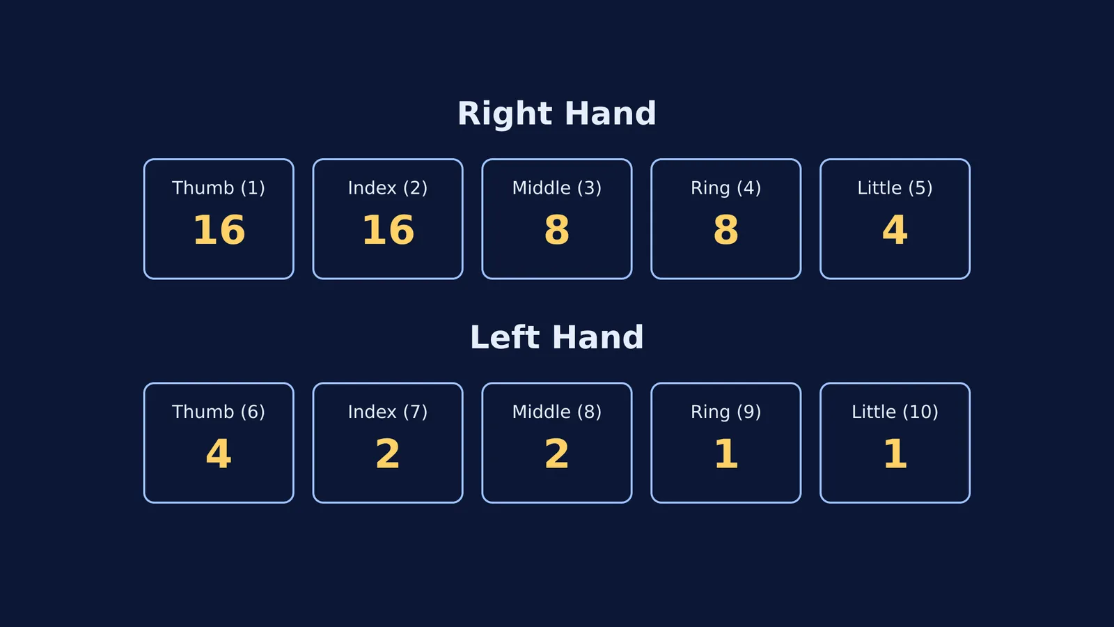 Ten fingers and their numerical whorl values in the Henry System