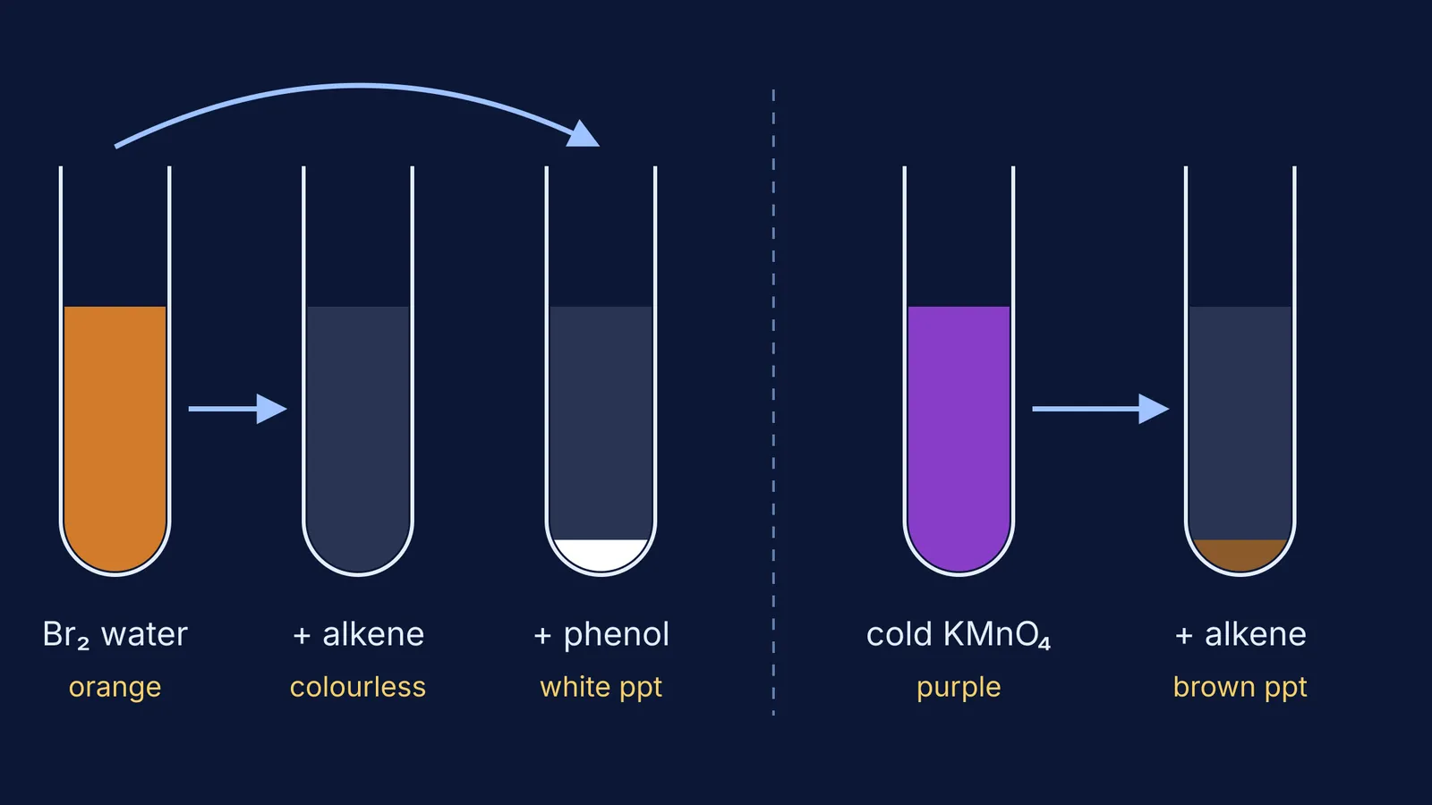 Test tubes showing bromine water and cold KMnO₄ results with alkene and phenol