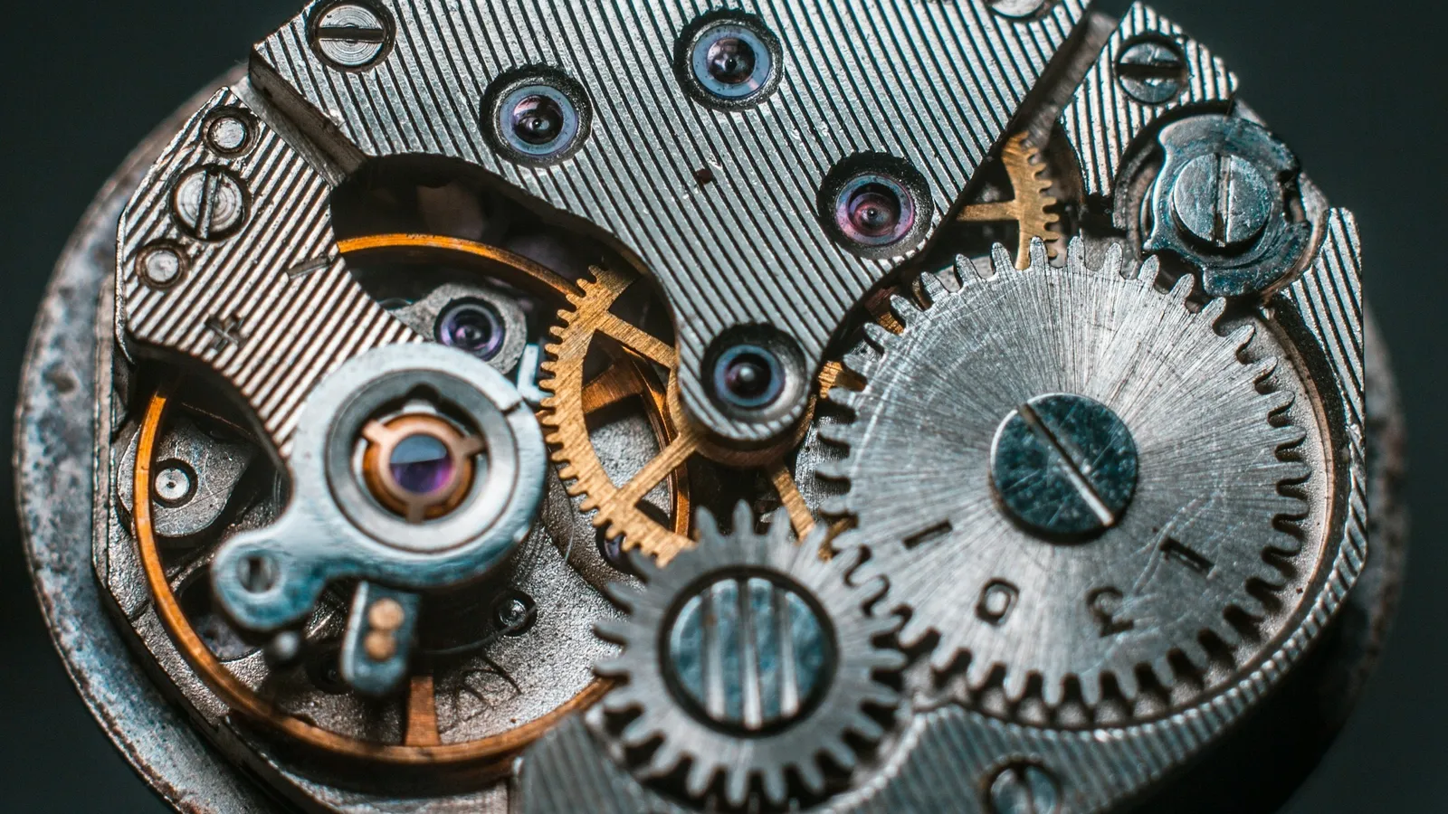 The exposed gears inside a mechanical watch